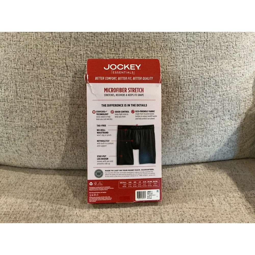 Jockey Essentials Mens 3 Pack Microfiber Stretch Long Leg‎ Boxer Briefs Black S
